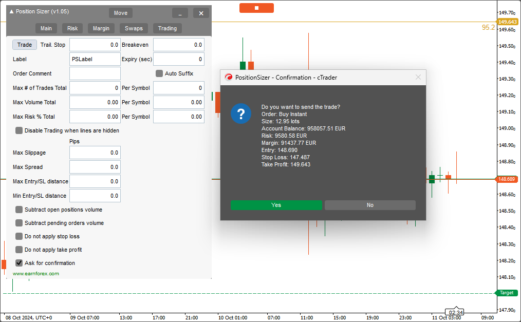 Position Sizer cBot - Order confirmation window