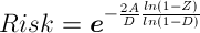 Risk = e ^ -((2 * A / D) * (ln(1 - Z)/ln(1 - D))) Risk = e ^ -((2 * A / D) * (ln(1 - Z)/ln(1 - D)))