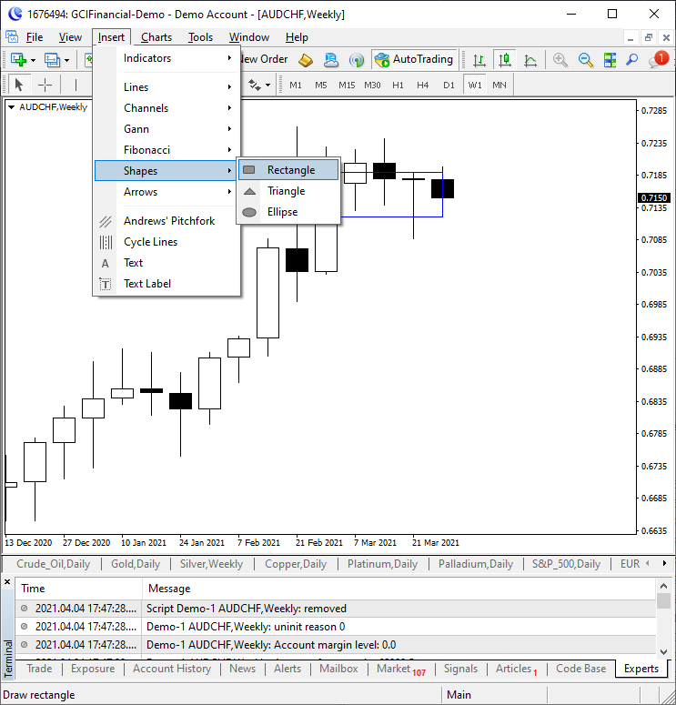 Inserting Rectangle to Chart via Menu in MetaTrader 4 Inserting Rectangle to Chart via Menu in MetaTrader 4