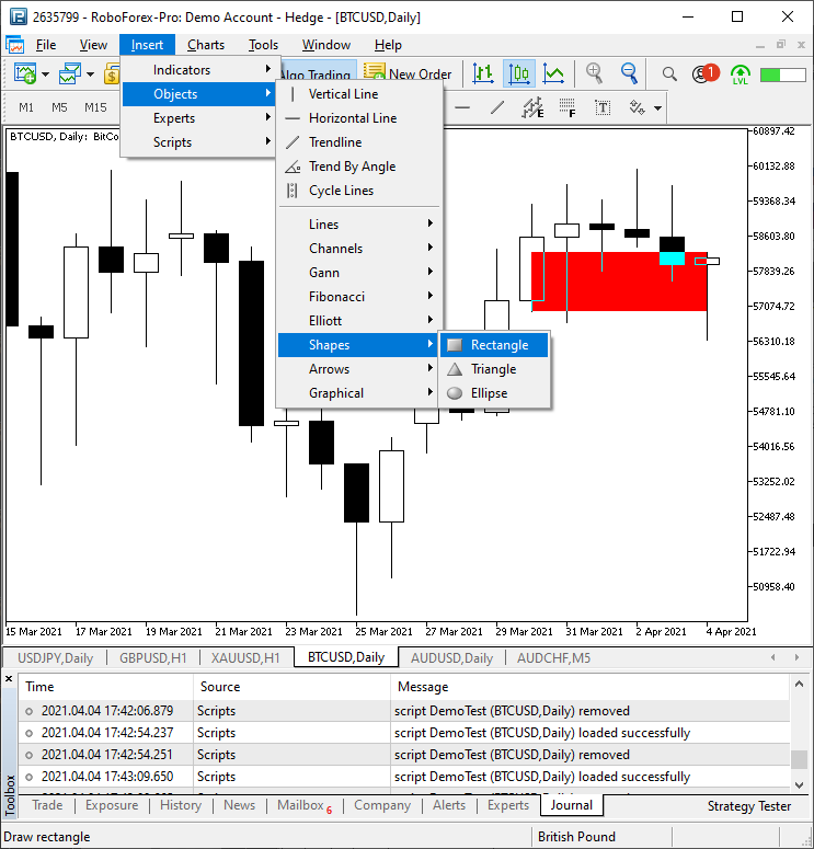 Inserting Rectangle to Chart via Menu in MetaTrader 5 Inserting Rectangle to Chart via Menu in MetaTrader 5