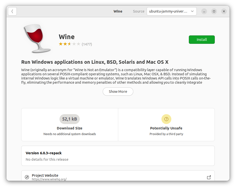 Installing Wine through application center