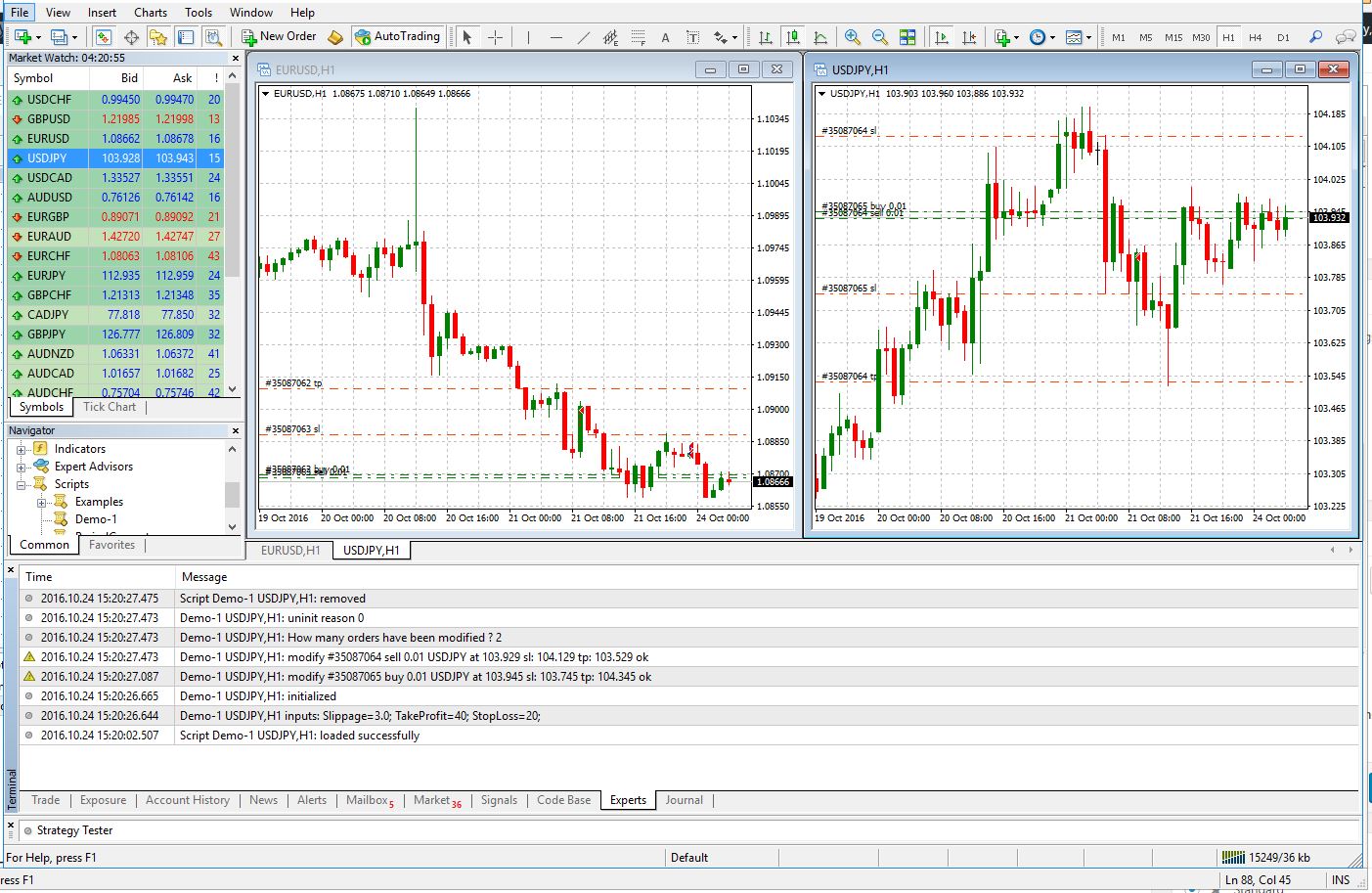 Modification of Two USD/JPY Orders with Test Script