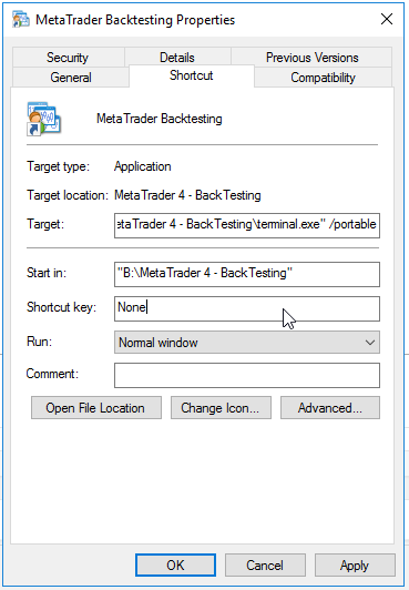 Modifying MT4 Shortcut to Add /Portable Parameter