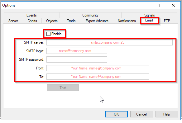 MetaTrader 4 - Options - Email - Required Parameters