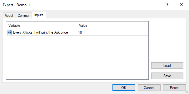 Inputs Tab of MT4 Expert Advisor