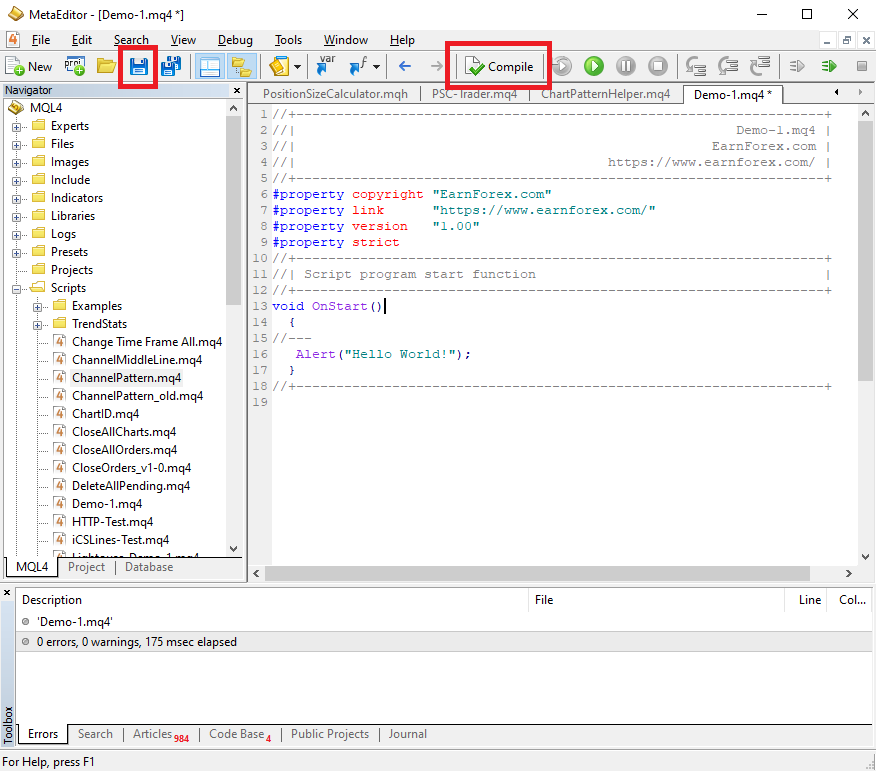 Saving and Compiling a Hello World MQL4 Script in MetaEditor